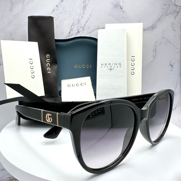New Gucci Sunglasses Black Acetate Round Gold Metal GG Logo Italy Authentic